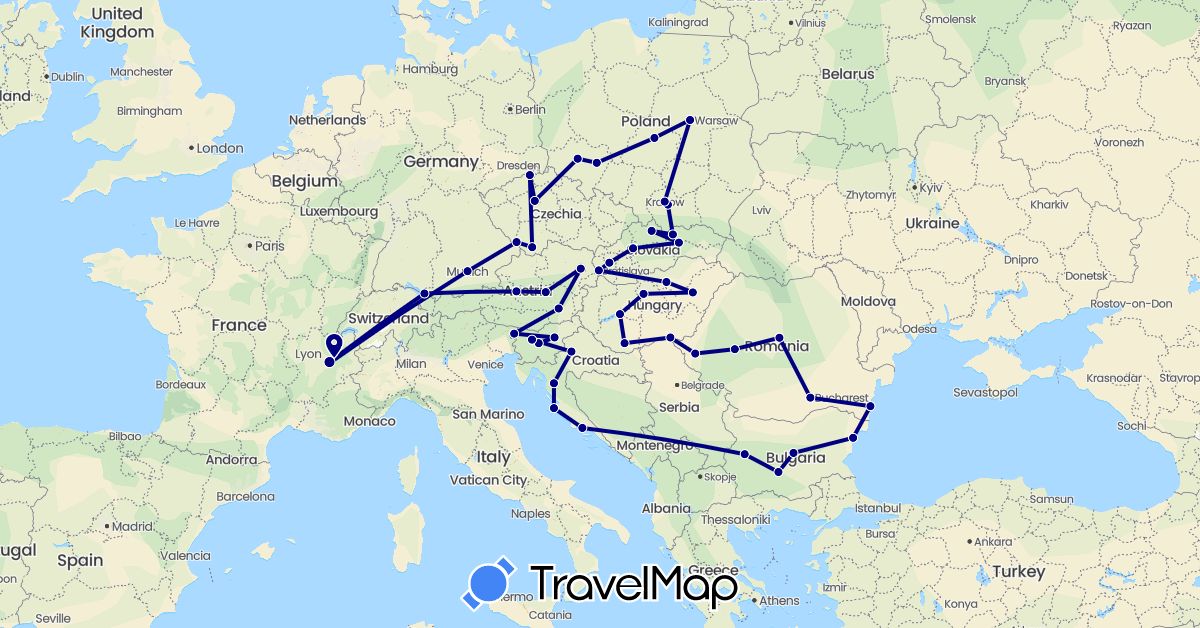 TravelMap itinerary: driving in Austria, Bulgaria, Czech Republic, Germany, France, Croatia, Hungary, Poland, Romania, Slovenia, Slovakia (Europe)